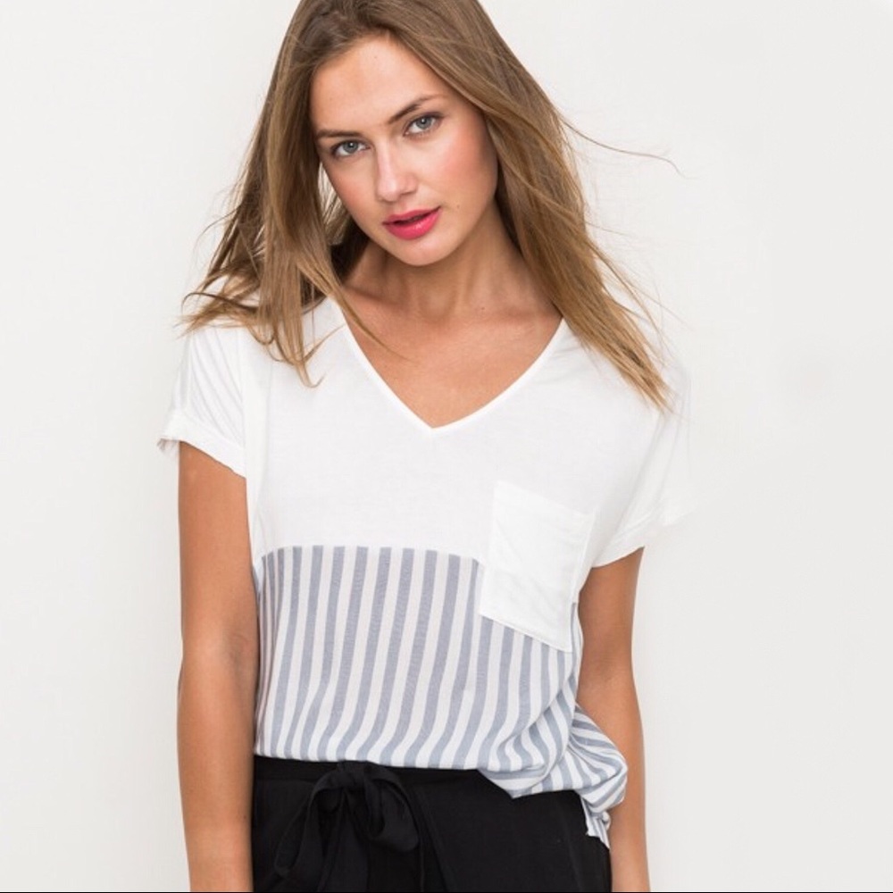Anthropologie Hem & Thread V Neck Top Stripe Blue - Picture 5 of 6